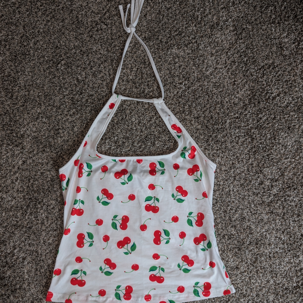 SHEIN White Cherry Print Tank Top
